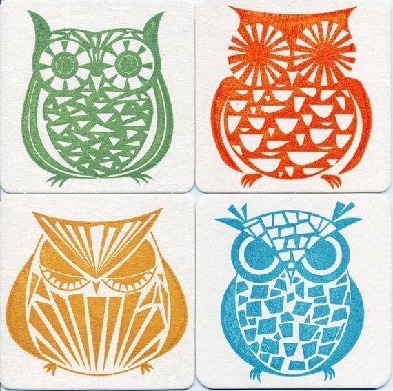 Owl Gocco Print 4 Chipboard Bar and Lounge Coasters - Set No. 4 by Kerry Beary