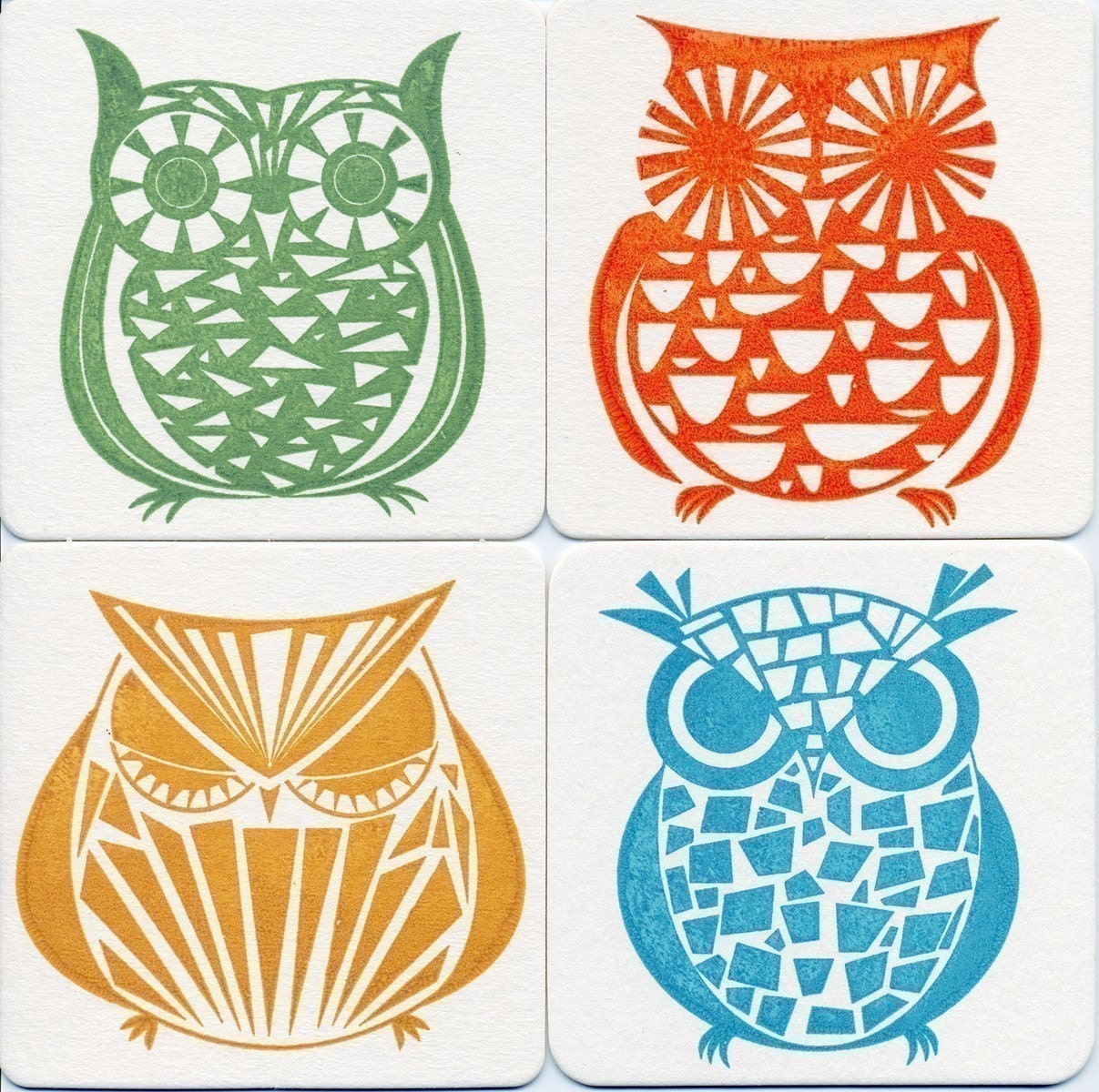 Owl Gocco Print 4 Chipboard Bar and Lounge Coasters - Set No. 4 by Kerry Beary