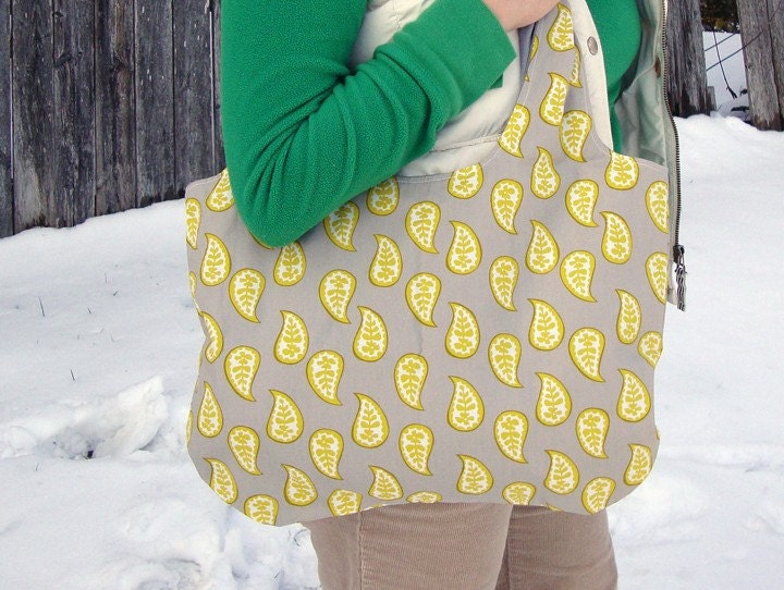 Reversible Tote with Mini Wallet, Mustard Yellow and Grey