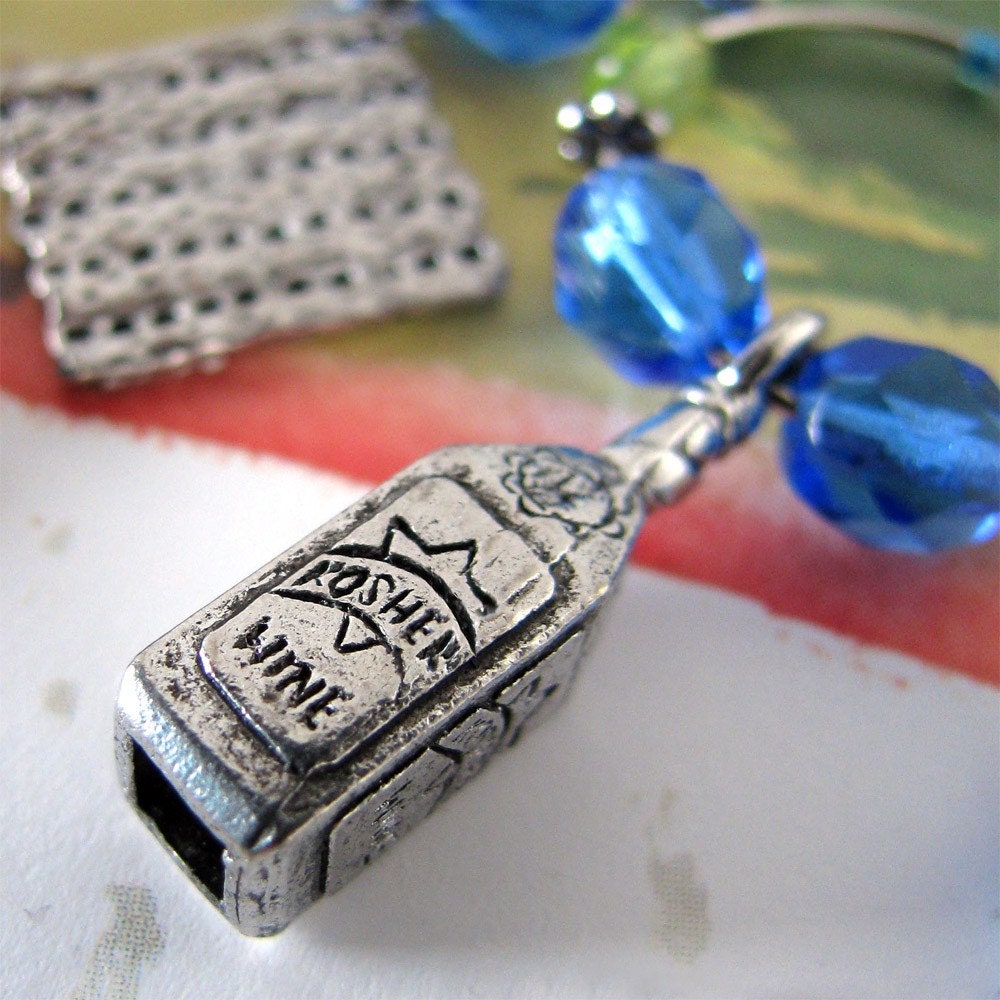PASSOVER 6 jewish hebrew judaica pewter wine glass charms with blue and green czech crystals