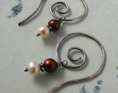 DRAGON TATTOO sterling spiral earrings, dragon tattoo jewelry, fibonacci jewelry, brown and white freshwater pearls