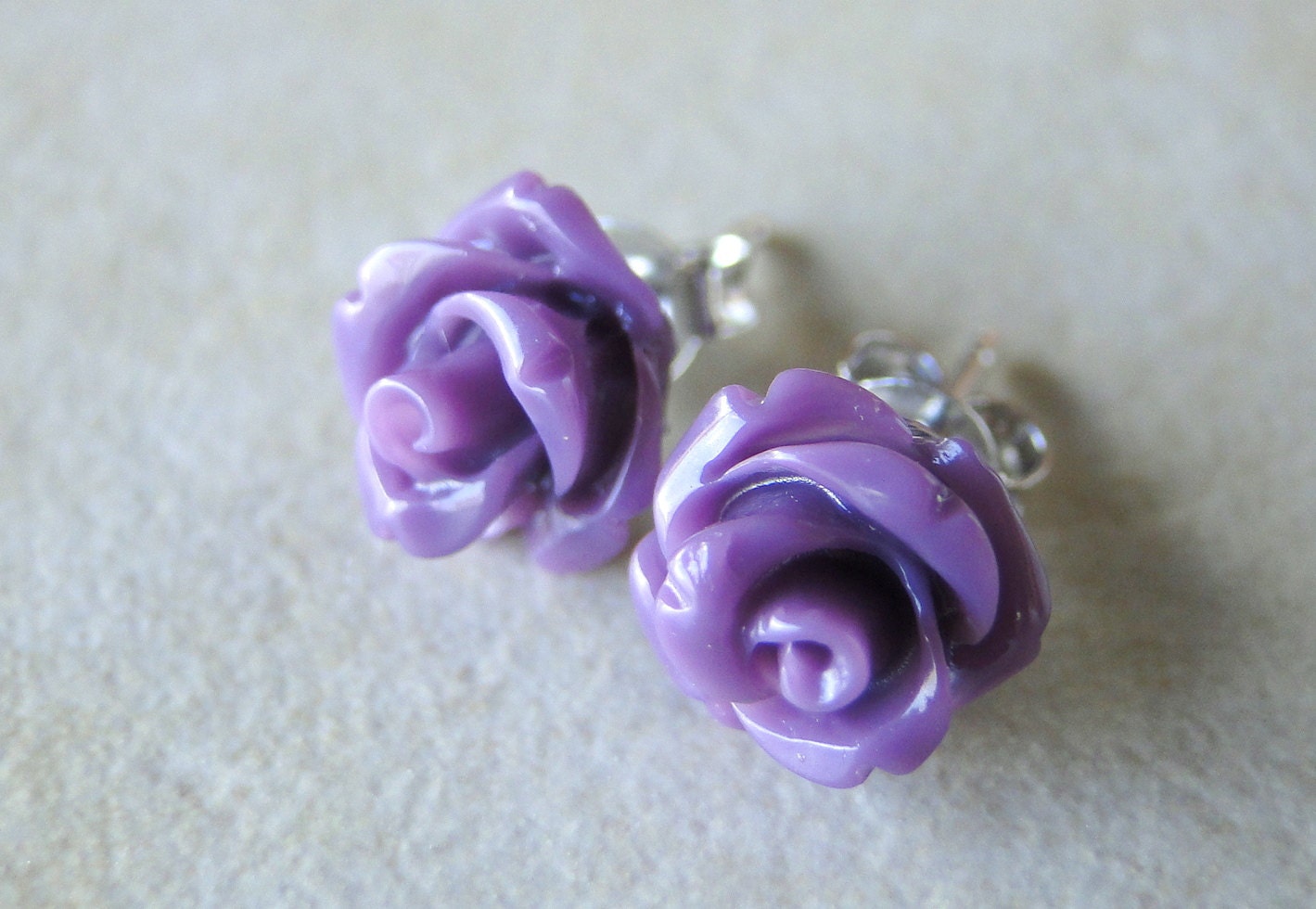 Deep Purple Carved Rose Silver Plated Studs