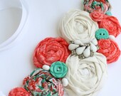 Fabric Rosette Bib Necklace ASIA Statement or Wedding Piece Medium Turquoise and Coral