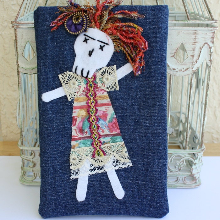 Kindle 3 Sleeve,  FRIDA INSPIRED , Day of the Dead  Padded Holder Ebook Cover,  Repurposed Jeans