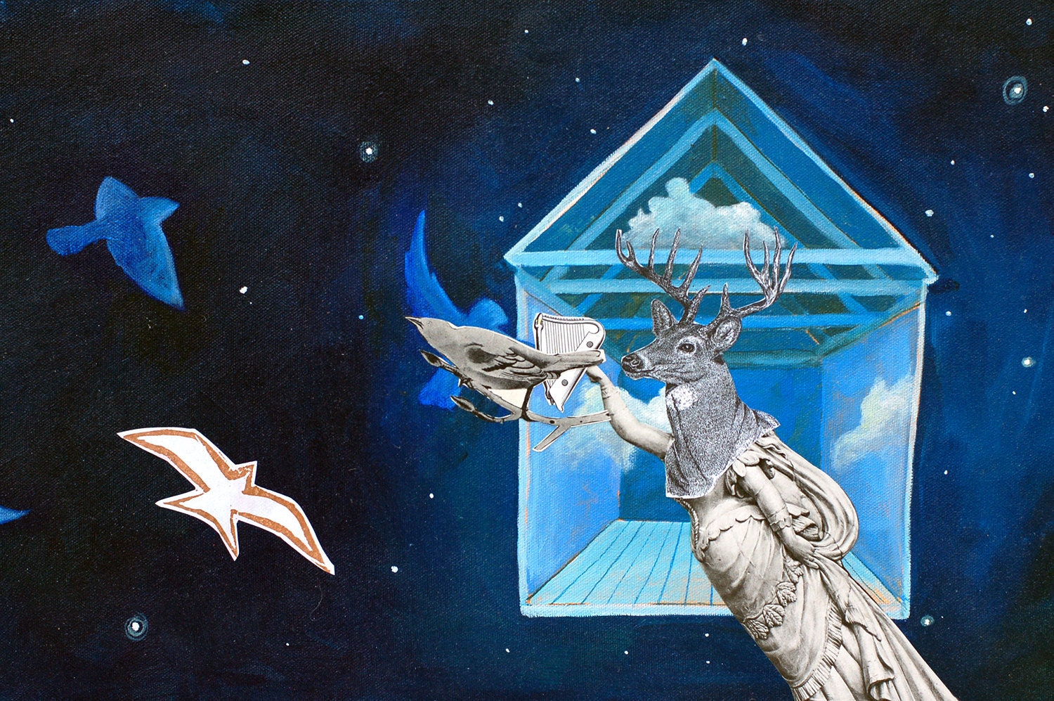 ORIGINAL painting with a ship's masthead of a deer with a flock of birds night and day house