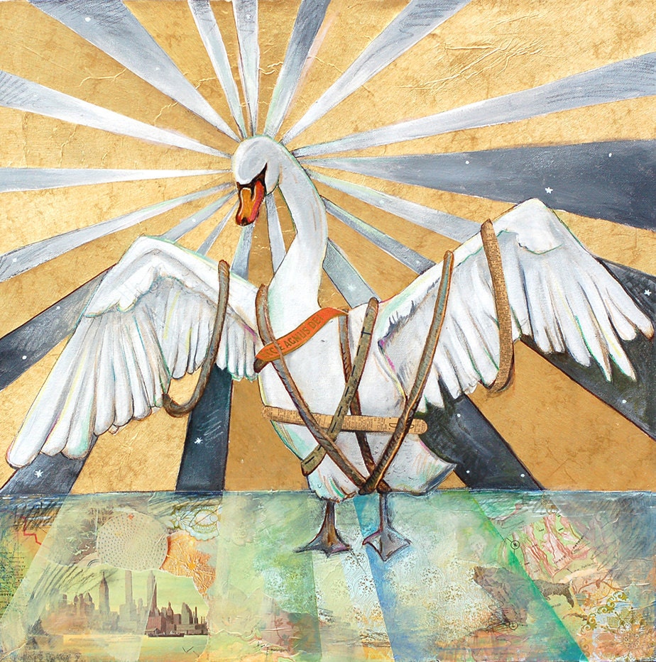Original mixed media painting of a swan breaking free from ropes and a sun burst