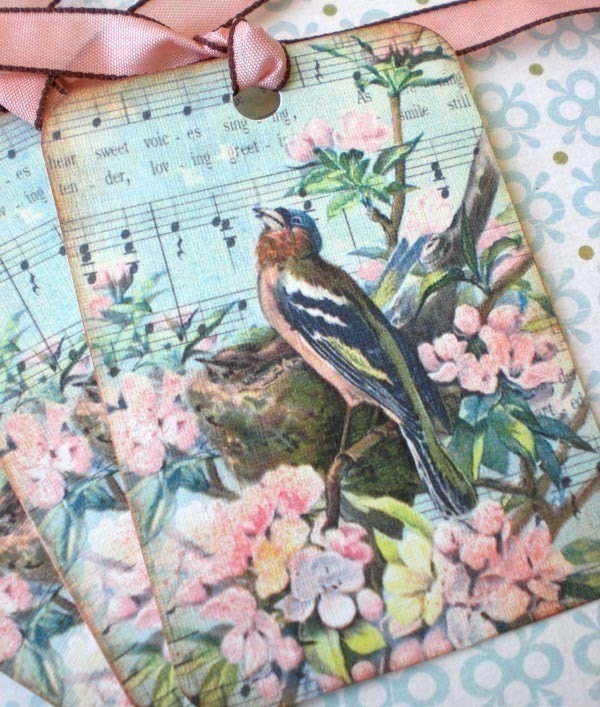 Bird Tags - Vintage Bird Nest Tags - Song of the Lark Tags - Pink Flowers - Set of 3