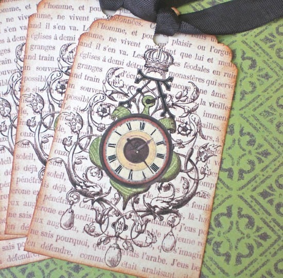 French Tags - Vintage Clock Ornament - Crown, Chateau du Temps Tags, Green - Set of 4