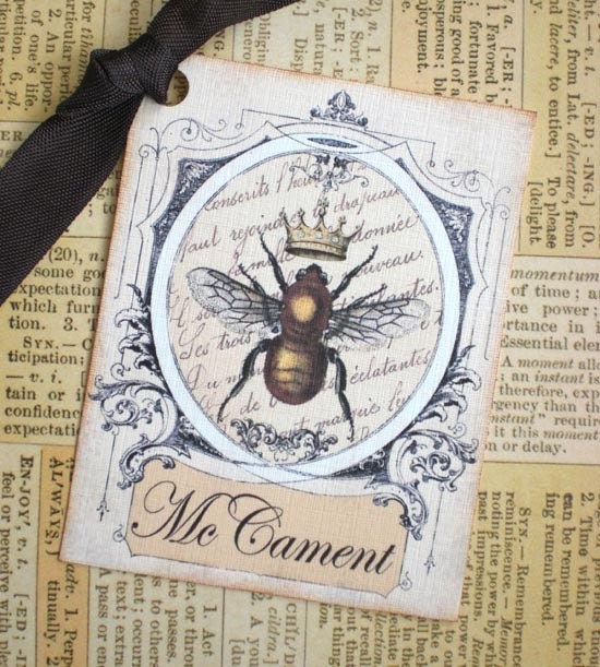 Bee Tags - French Bee Tags - Vintage Bee - Personalized French Bee Tags - Set of 8