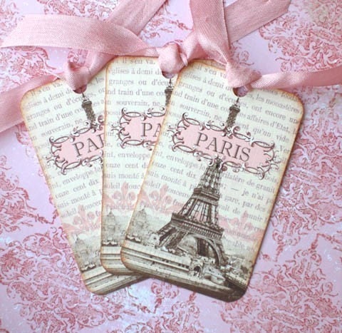 Paris Tags - Vintage French Tags - Eiffel Tower Tags - Paris 1889 Exposition, Pink, Sepia - Set of 4