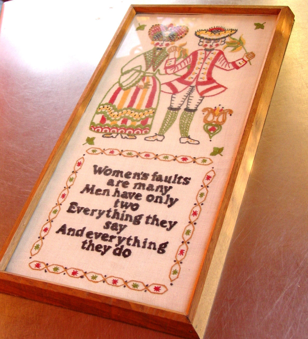 Folk Art Man Haters Framed Needle Point- Fun Retro  Wall Hanging