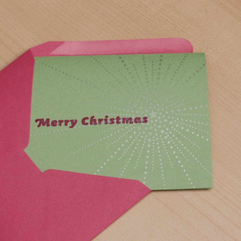 Set of 6 Hand-printed Christmas Cards -- Green Stars