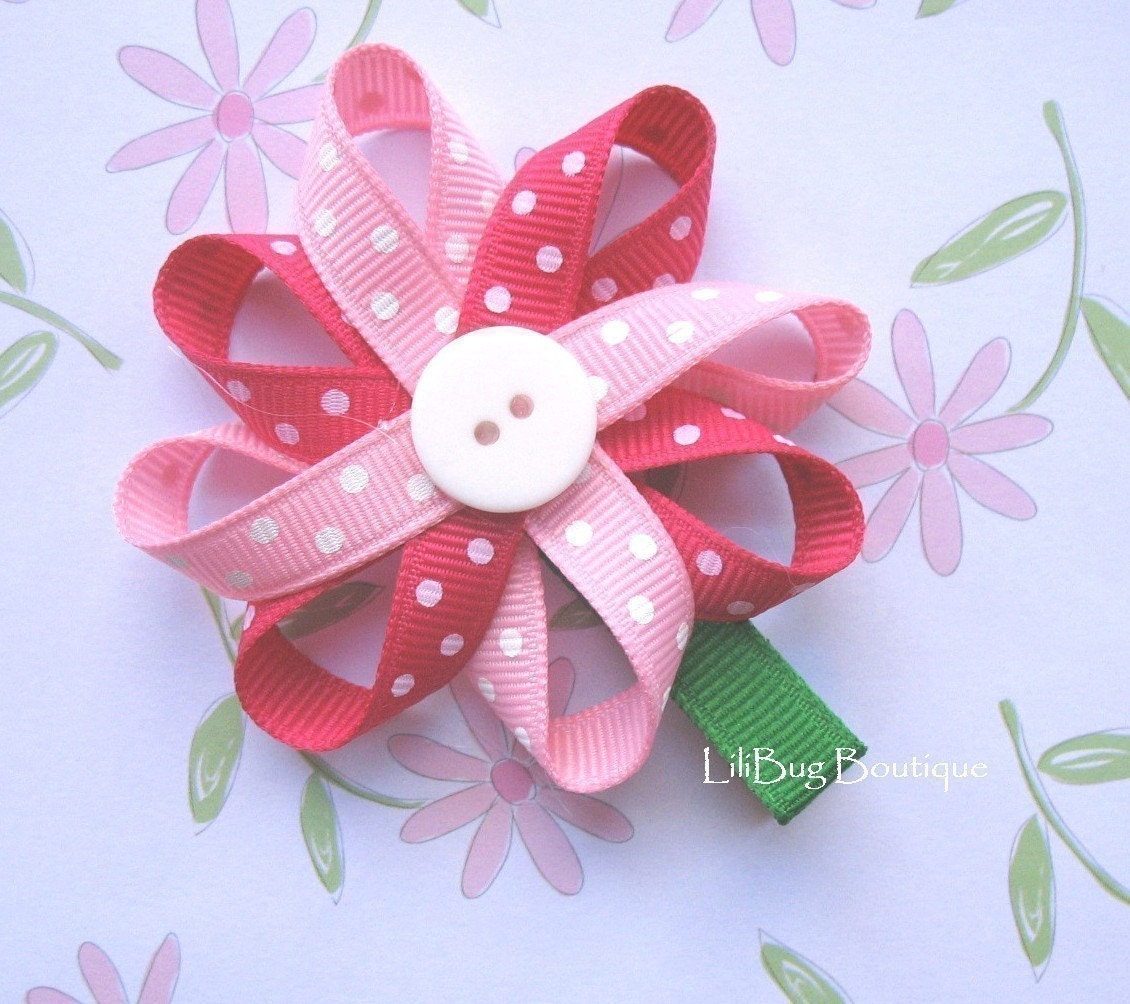 LiliBug Pink Polka Dot Flower Hair Clippie
