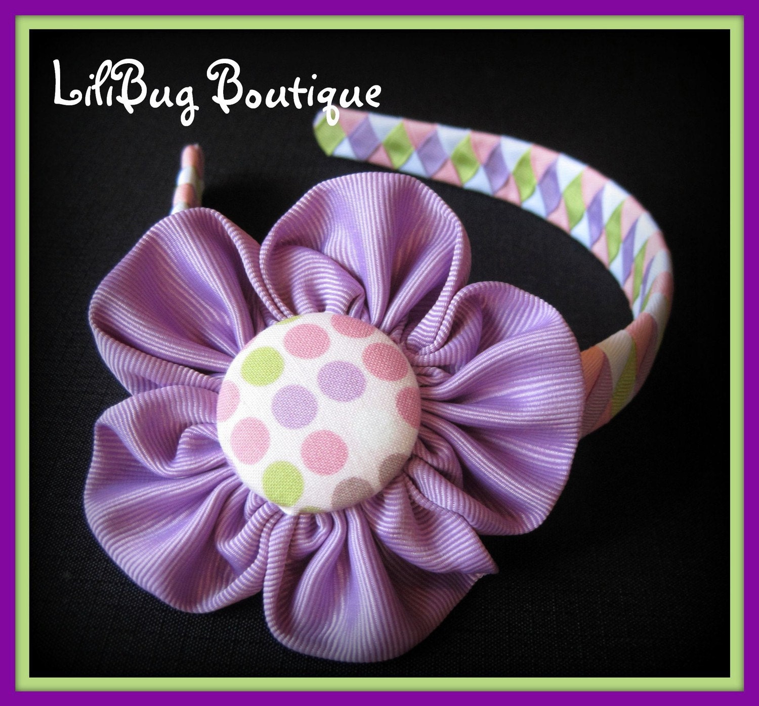 LiliBug Purple Dizzy Dot Flower 2-in-1 Woven Headband and HairBow Set