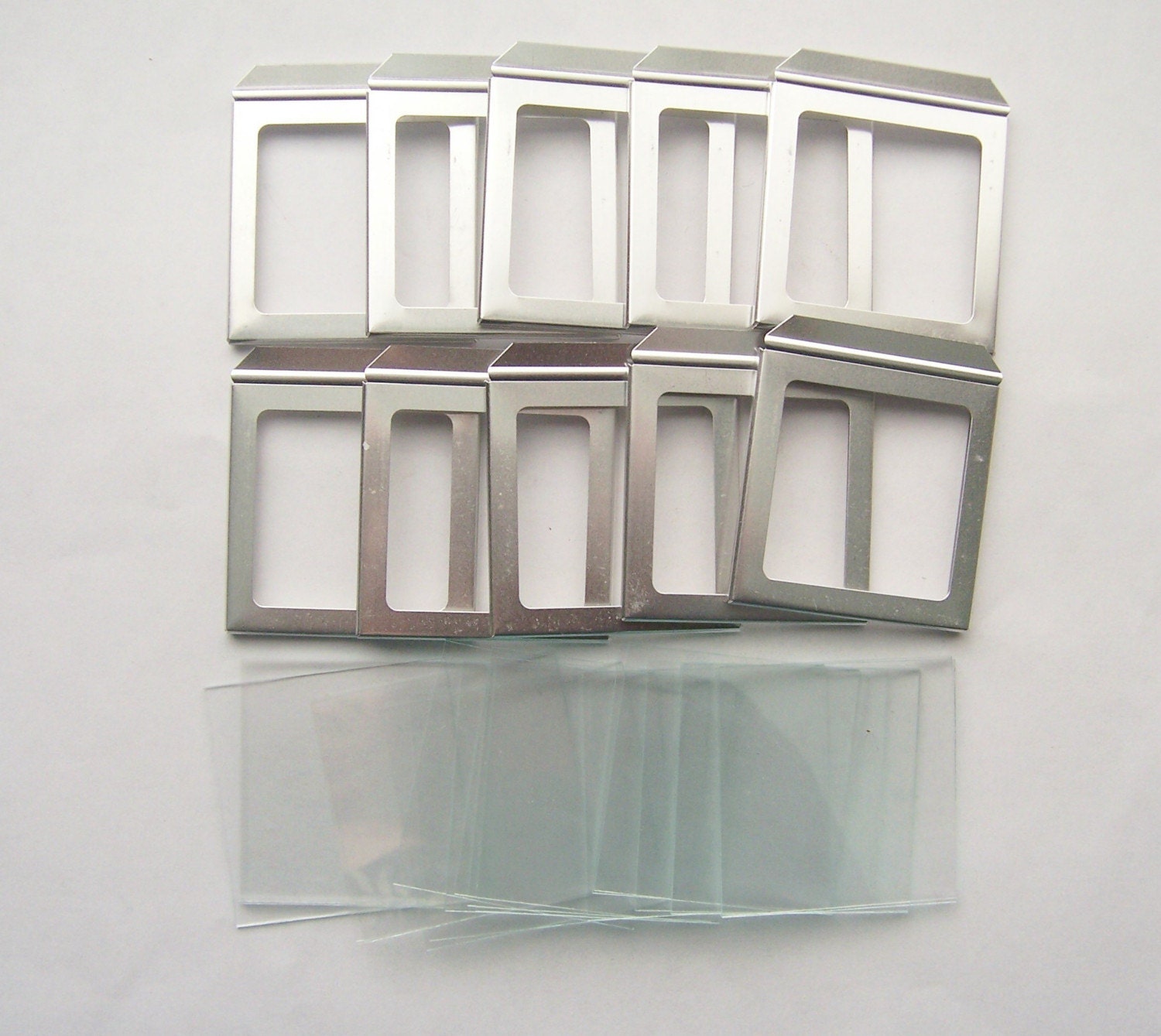 12 FABULOUS Vintage Metal Slide Binders with 24 Pieces of Glass