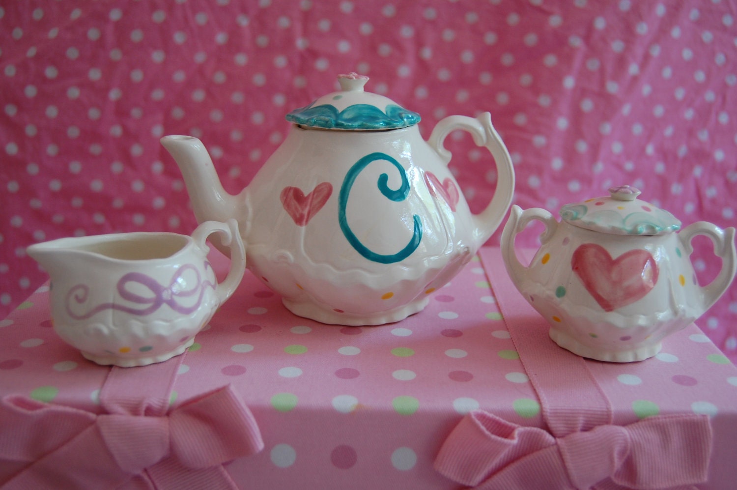 Custom listing for EKINNIE - 3rd payment. . .  Personalized Handpainted Tea Set & Tea Cups