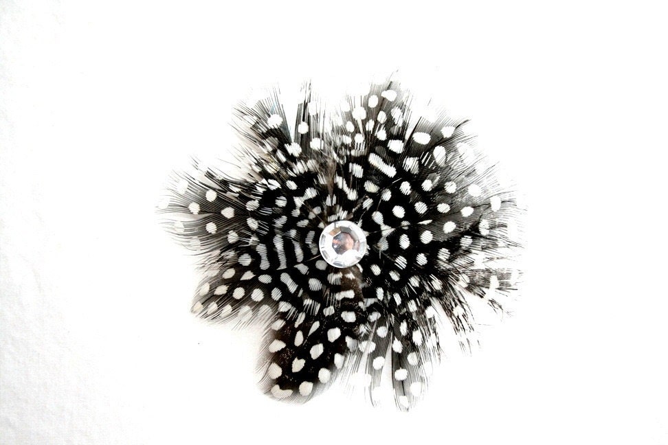 REDUCED - Feather Clip with Rhinestone Center in Black with White Polka Dot