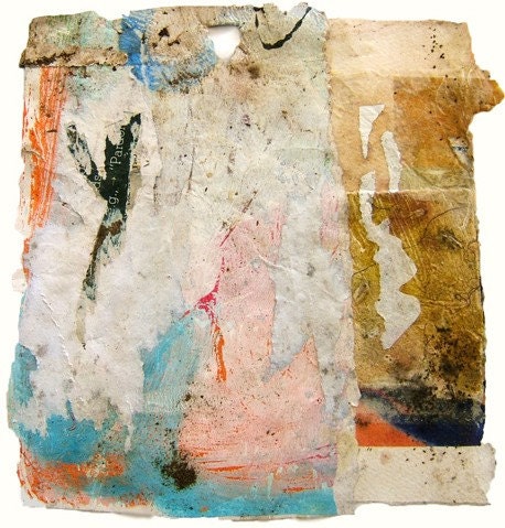 Reborn - Collage with Weathered and Hand Painted Papers 8 x 8 on 11 x 14 Backing