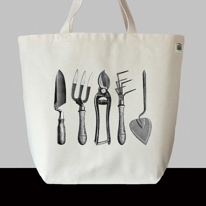 SALE - Tote Bag Large Recycled Cotton Canvas - Retro Garden Tools SALE - Tote Bag Large Recycled Cotton Canvas - Retro Garden Tools