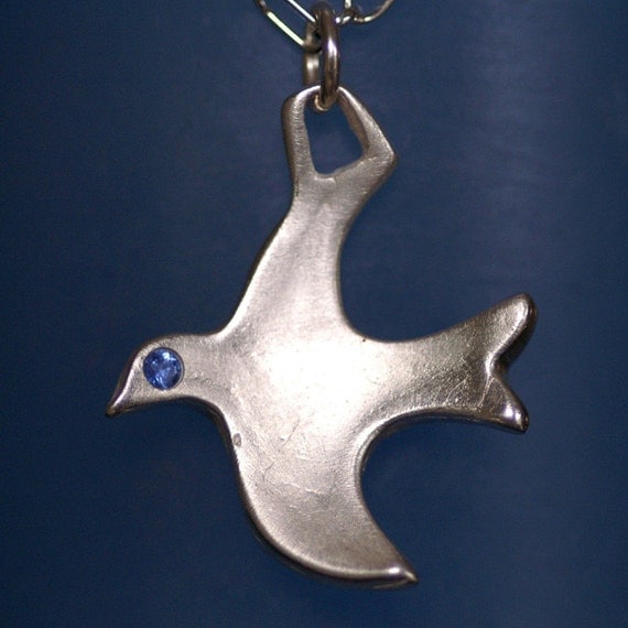 Silver Peace Dove with Sapphire Eye - No Chain - Made to Order