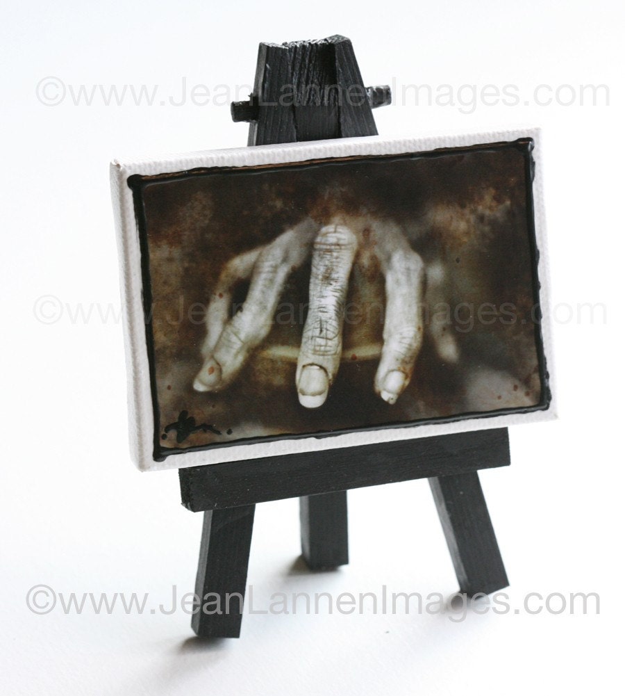 OOAK The Creepy Hand  Altered Photo on Mini-Canvas, Horror Scarey Film Sepia Look, Dark Shadows, Johnny Depp, Mannequin By Jean Lannen