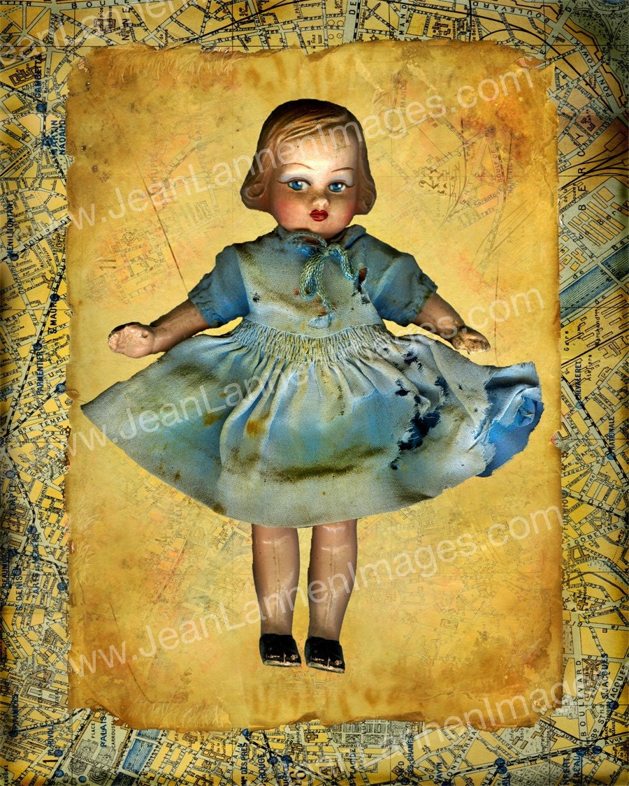 Sweet Gigi From Paris - 8x10 - Fine Art Photograph Print, Map, Old, Sepia, Tan, Brown,French, Vintage, Doll, Sky Blue, Robin Egg, Teal, Turquoise, Aqua, Golden Yellow, Red Orange Rust - Photography by Jean Lannen, The Other Jeanie