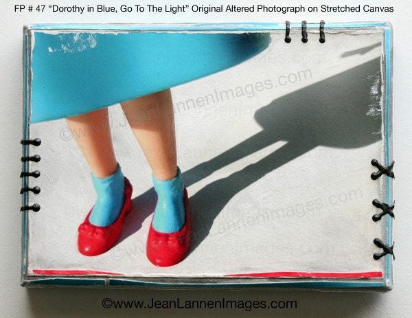 Dorothy in Blue - Go To The Light - Wizard of Oz - 5x7- Original Mixed Media Altered Photograph FP 47 - Retro Plastic Dorothy Doll in Turquoise and Aqua with Ruby Red Slippers Dark Shadow - Photography By Jean Lannen, The Other Jeanie