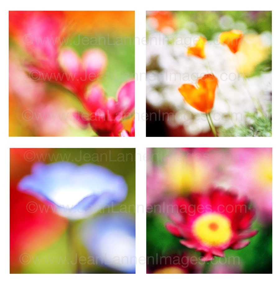 Summer Sunshine Bouquet, Photograph of 4 Impressionistic flowers & Hearts,  Red Pink Orange, Blue Violet, Neon Solar Blue By Jean Lannen