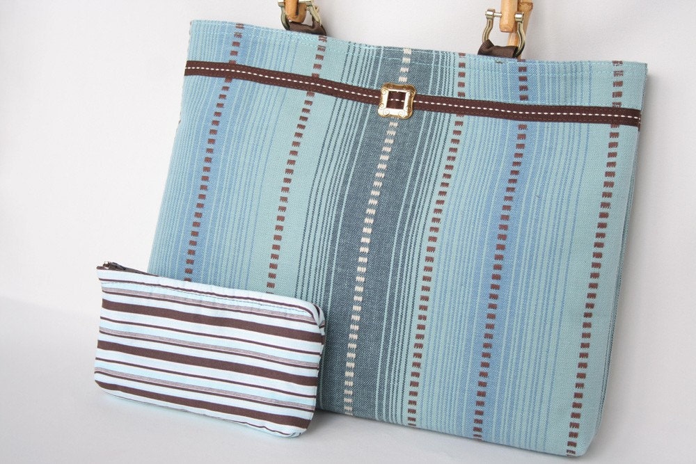 Aqua Blue and Cocoa Brown Striped Handbag - FREE Bonus Bag