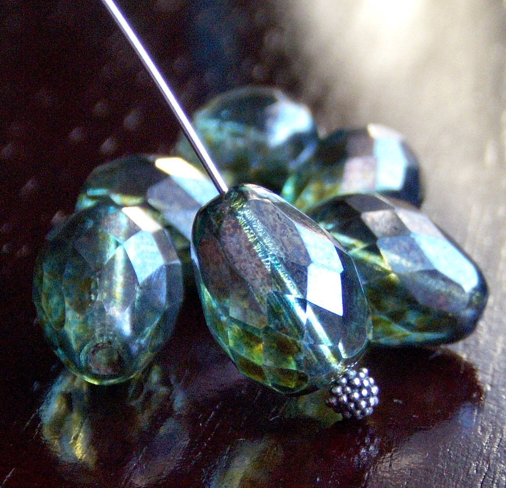 Mossy Green Czech Teardrop Bead Faceted 13x10mm  - 6 pc