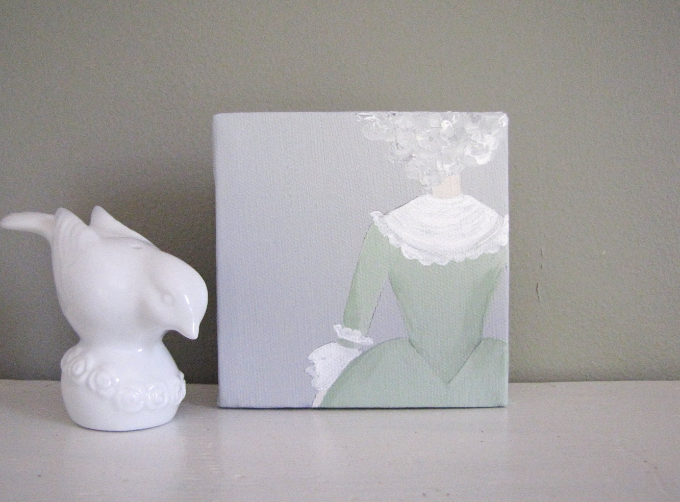 WOMAN GREEN Art Original Acrylic on Canvas Painting 4x4 ROCOCO 18th century colonial lady grey sage - "Hatty"