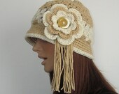 Flapper Fannie Meets Hippie Mama Crochet Hat - Buff and Ecru - Vintage Button