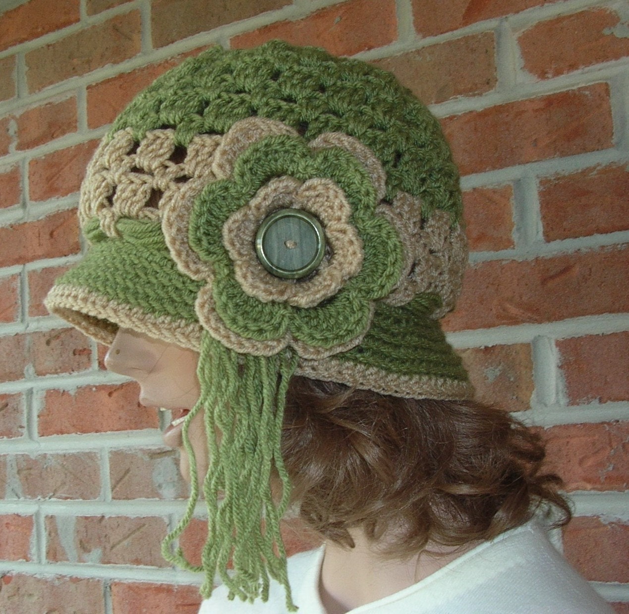 Flapper Fannie Meets Hippie Mama - Crochet Hat - Vintage Button - Sage Green - Honey