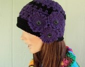 Flapper Cloche - Crochet Hat - Vintage Buttons - Purple and Black
