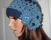 Flapper Cloche Crochet Hat - Vintage Buttons - Blue Tweed