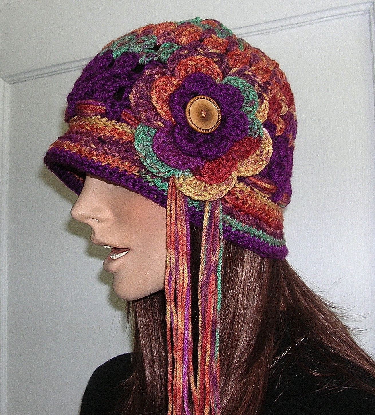 Flapper Fanny Meets Hippie Mama Crochet Hat - Vintage Wood Button - Varigated Yarn