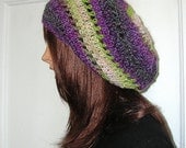 Soft and Romantic - Crochet Hat - SLOUCHY - Wool and Mohair Blend in Shades of Purple - Green - White