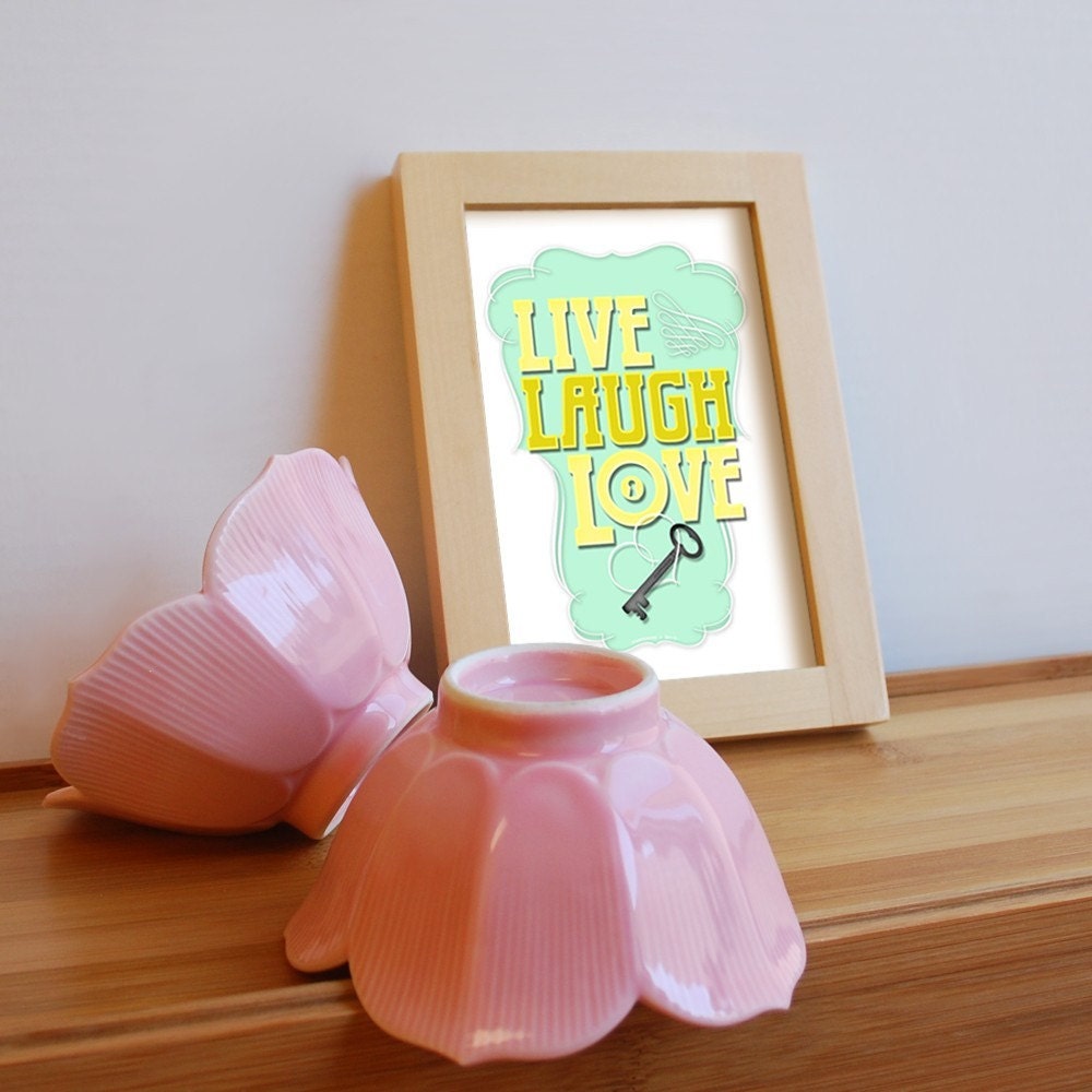 Bright Wall Print - Live Laugh Love - small size - mint green yellow lock key heart poster calligraphy typography