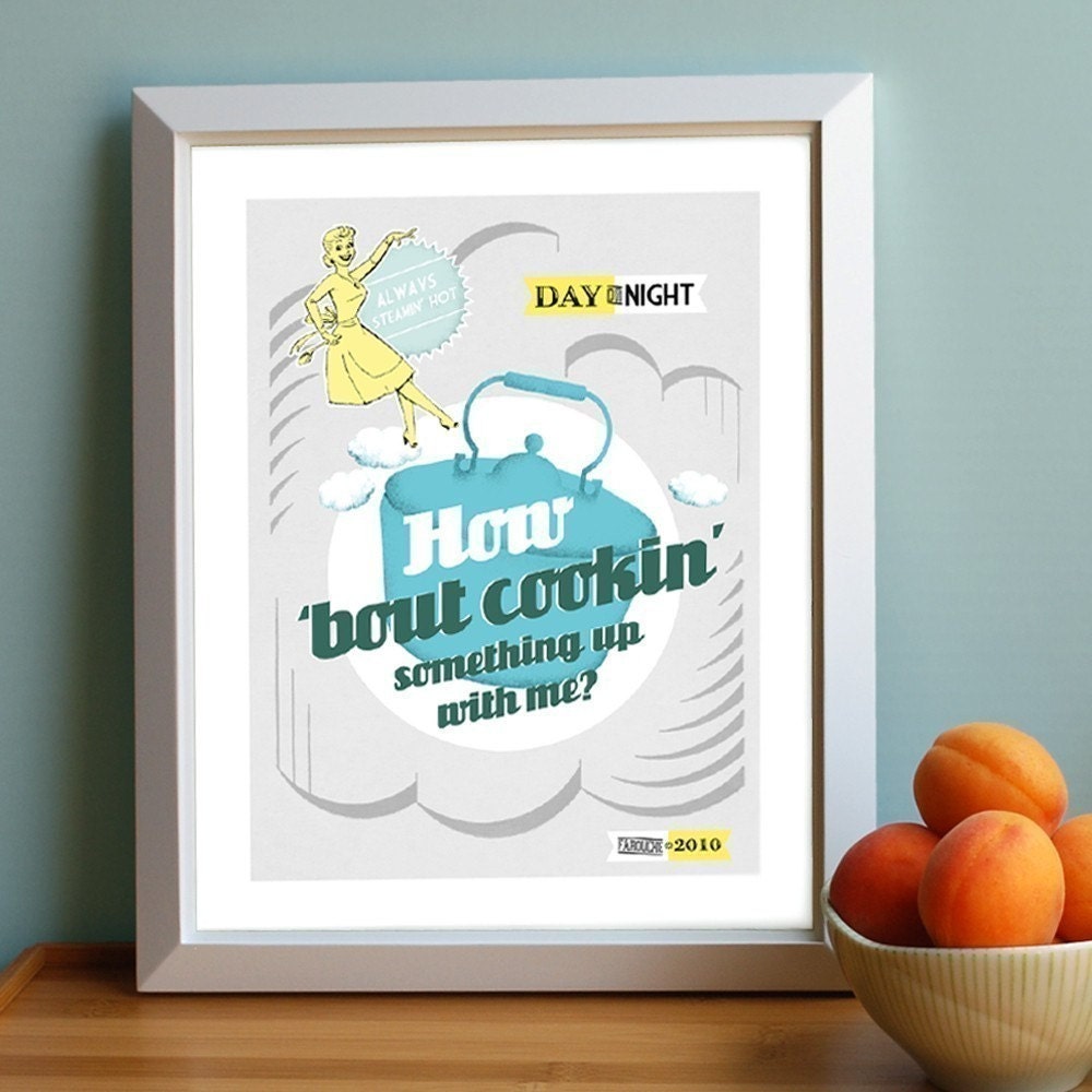 how bout cookin' print - large size - grey poster blue kitchen retro wall art