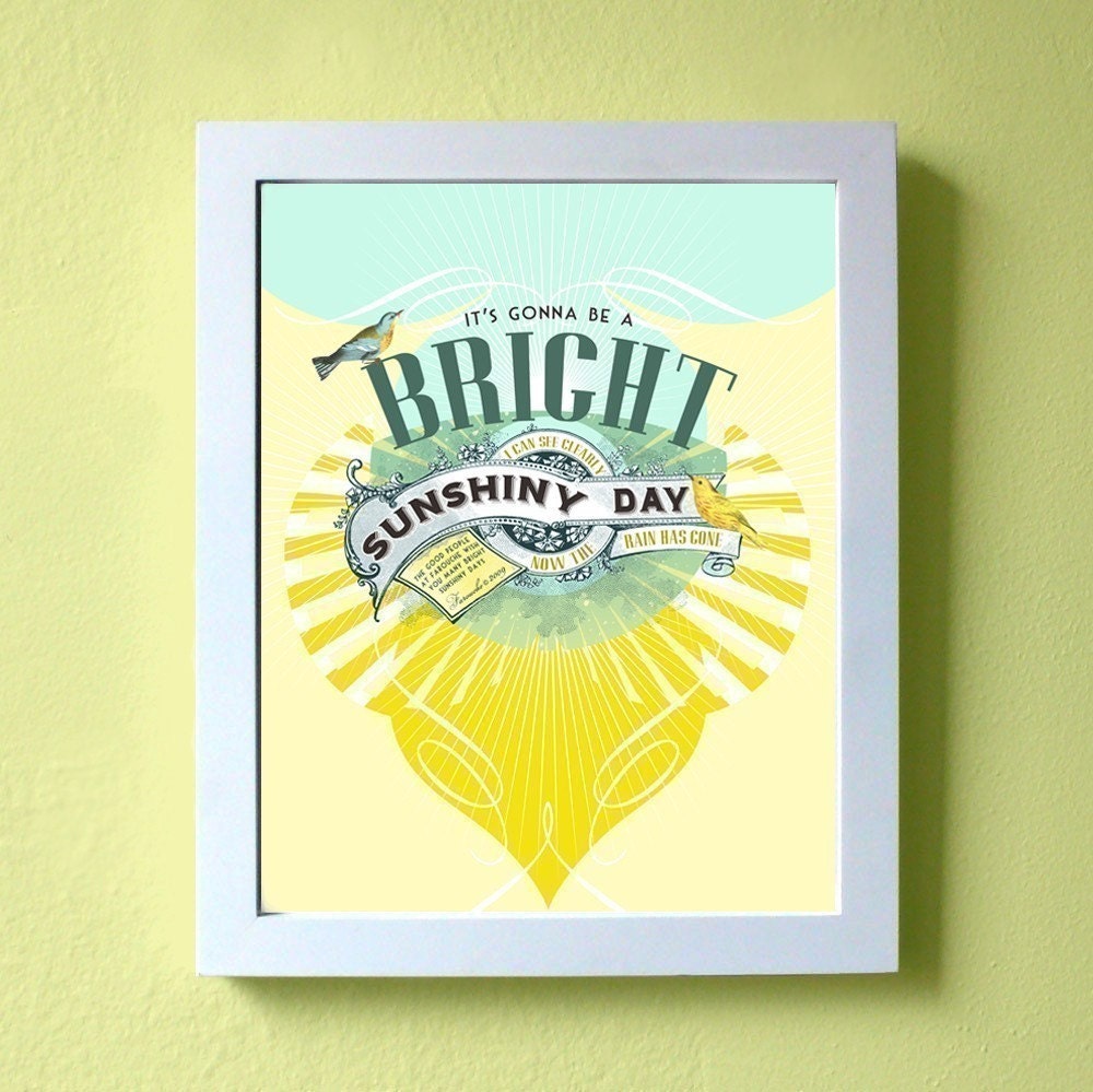 Wall Print Poster - Bright Sunshiny Day - large size - yellow sunshine rain cloud blue bird song lyrics kitchen art home nursery