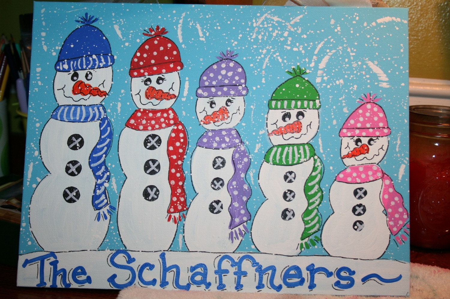Hand Painted Snowman Family Personalized Canvas Art Wall Door Hanger