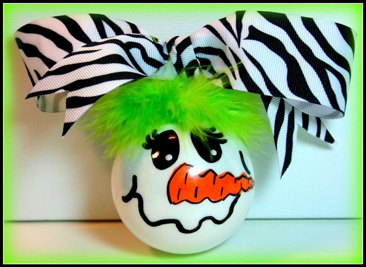 Funky Snowman Girl Hand Painted Christmas Tree Ornament Zebra Lime Green