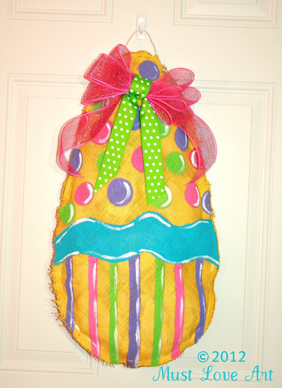Hand Painted Easter Egg Burlap Door Hanger Decoration HUGE 2 ft x 16"