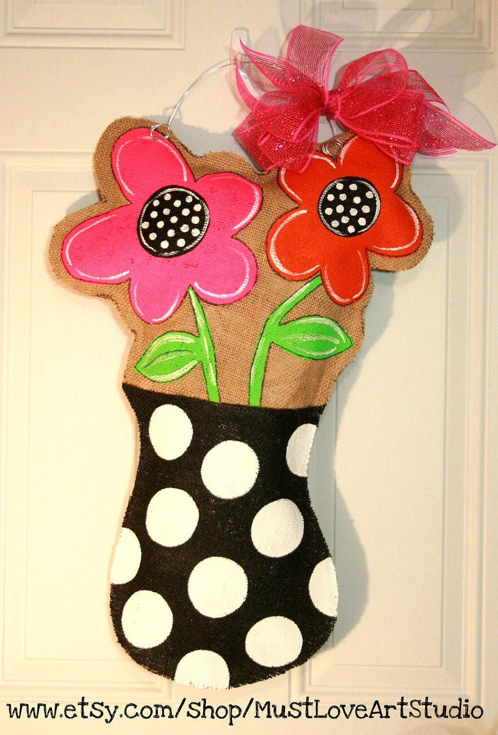 Flower Pot Mother's Day Burlap Door Hanger Decoration HUGE 2 ft - Spring Summer Polka Dots