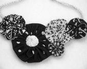 Fabric Necklace YoYo Flower Quilt Bib Fiber Art Statement Handmade Black White