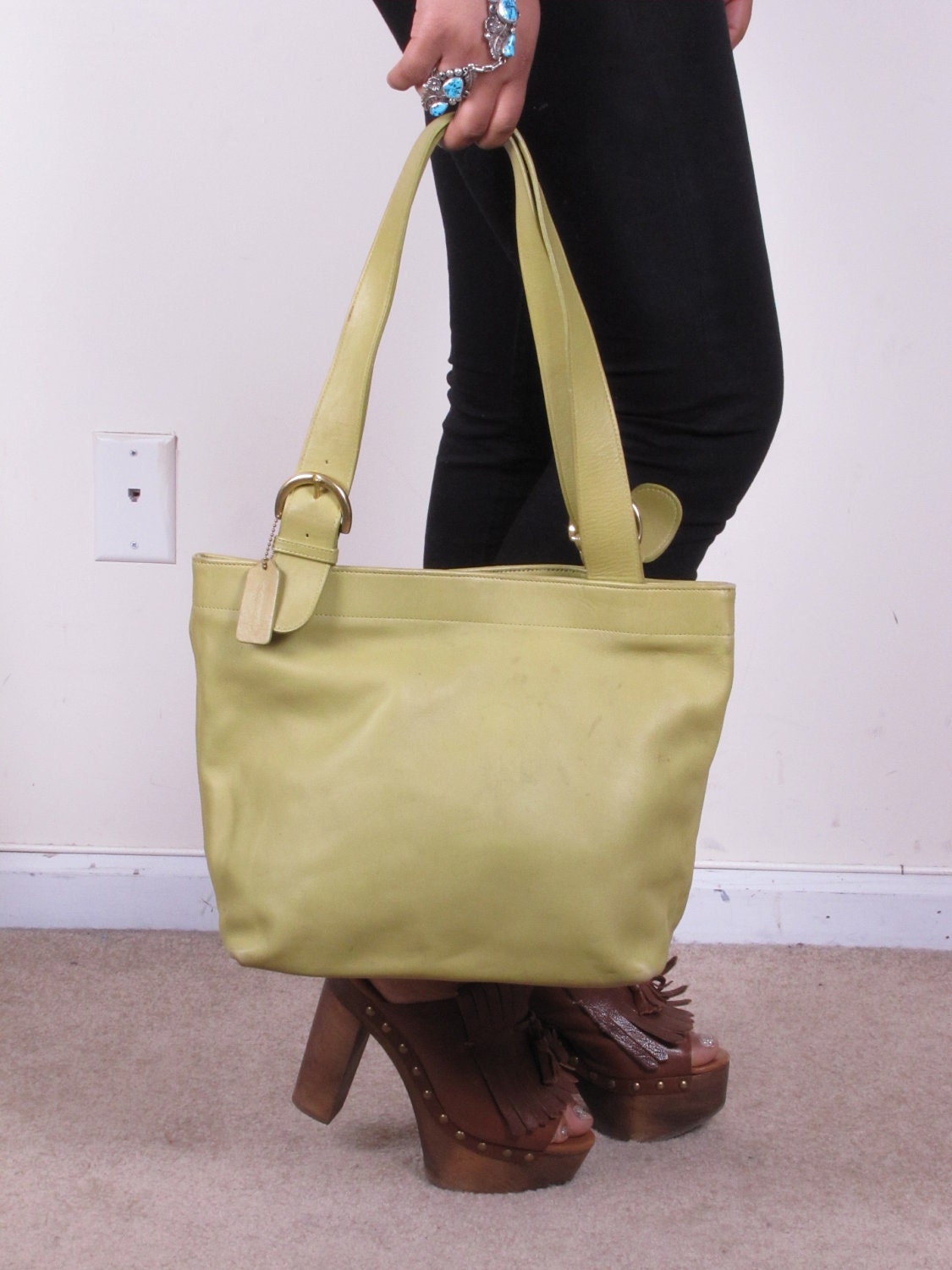 Vintage Lime Green Authentic Coach Shoulder Strap Tote Handbag Bag