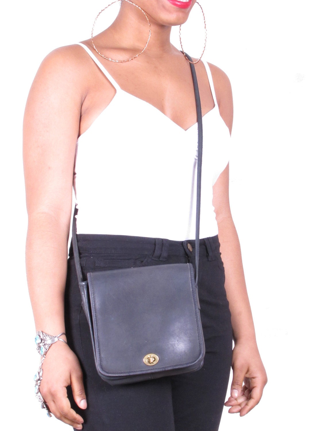 Vintage Coach Black Leather Messenger Bag Hand bag Shoulder Bag