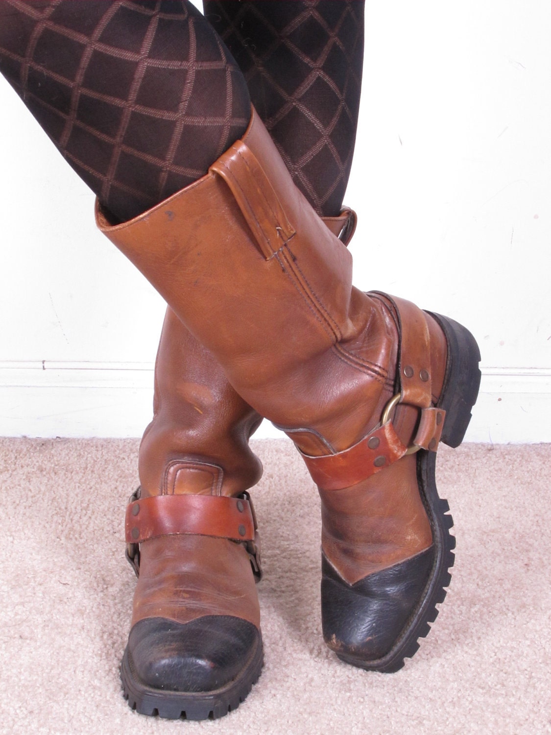 vintage 70s FRYE two tone HARNESS black label distressed leather campus western womans stacked heel cowboy cowgirl boots sz us womans 10
