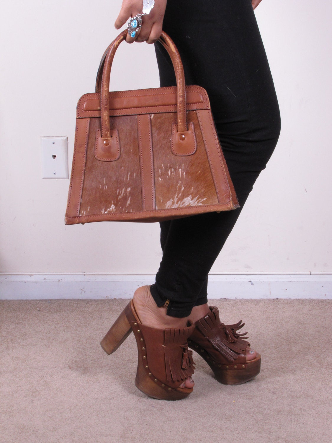 1950s 50s Pony Cowhide Fur Skin Leather Kelly Bag Pocket Book Purse Handbag