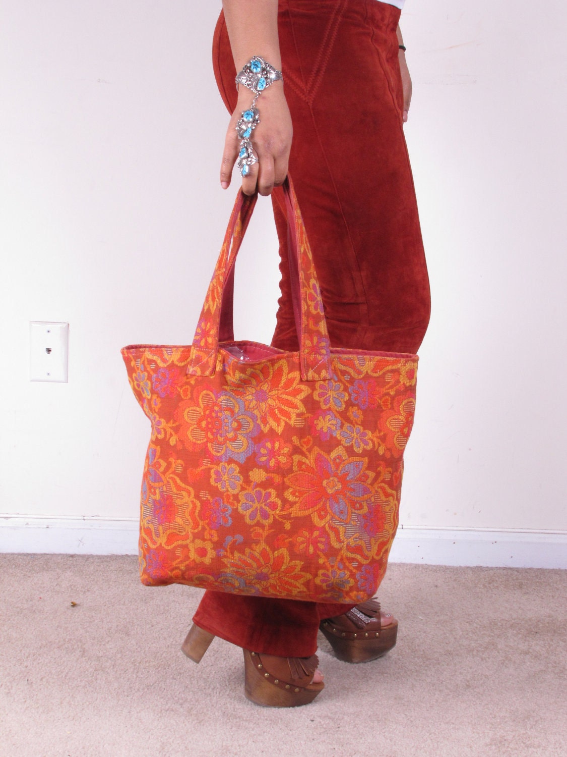 Vintage Large Tapestry Carpet Shopper Handbag Purse Shoulder Bag
